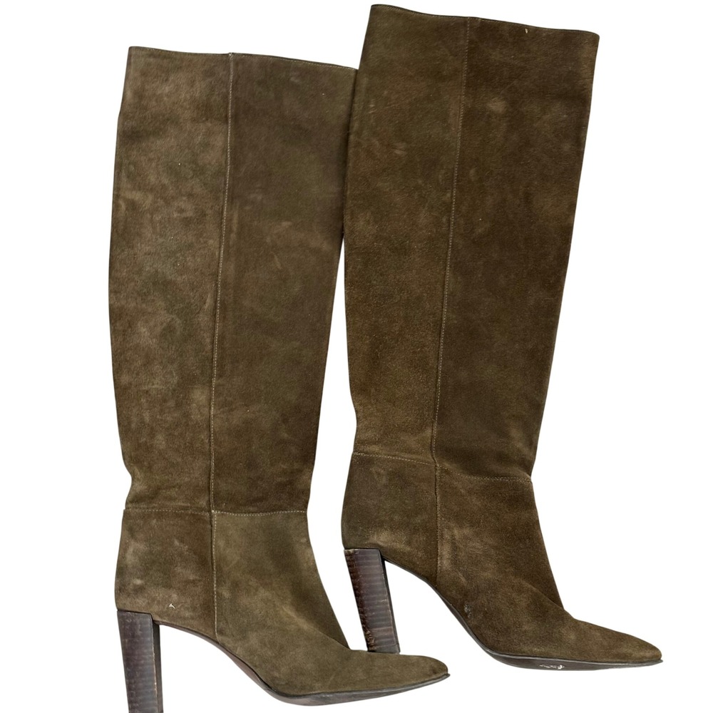 Zara Suede Slouchy Heeled Boot Size EU 40 Green Leather Chic - Picture 2 of 8